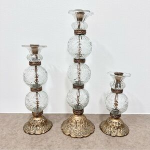 Vintage Hollywood Regency Style Glass Ball Metal Brass Color Candlestick Holders